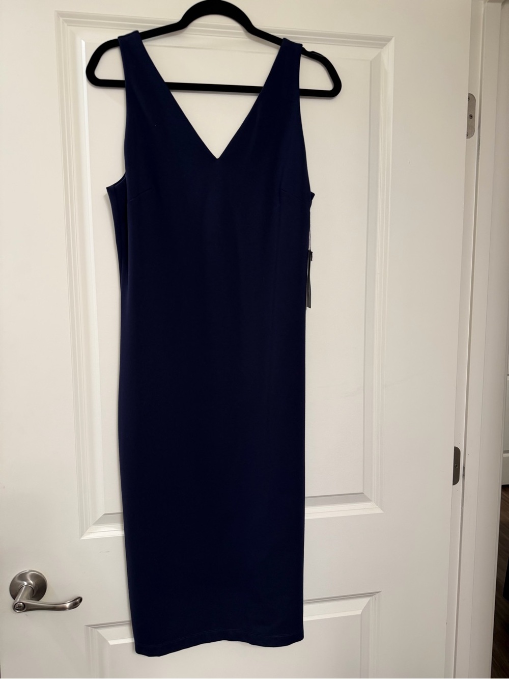 White House Black Market Navy V-Neck Midi Sheath Dress